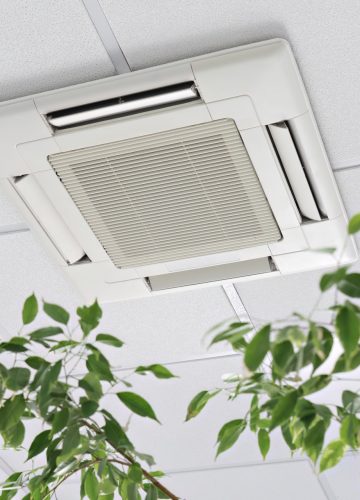 Closeup cassette Air Conditioner on ceiling in modern light office or apartment with green ficus plant leaves. Indoor air quality